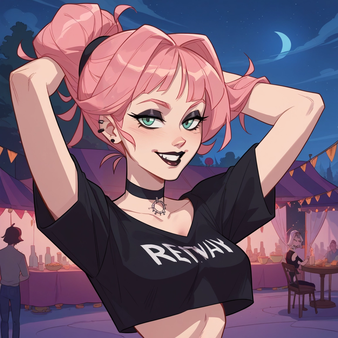 pink hair, choker, shirt, piercing, moon, makeup · Yamete.gg
