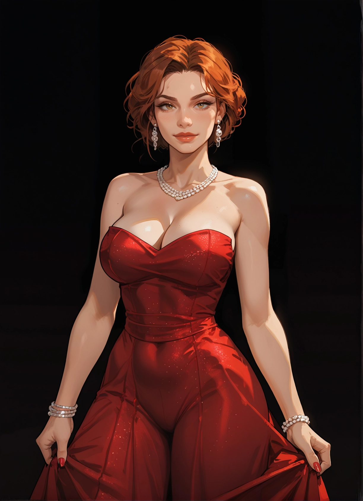 1girl, breasts, jewelry, dress, earrings, red dress · Yamete.gg