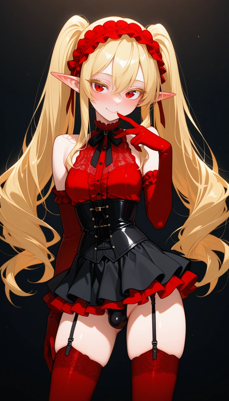 1girl, solo, pointy ears, gloves, twintails, thighhighs