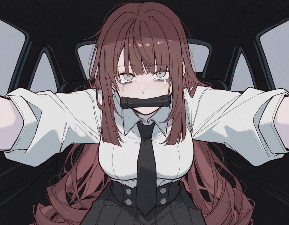 1girl, necktie, long hair, tears, solo, motor vehicle