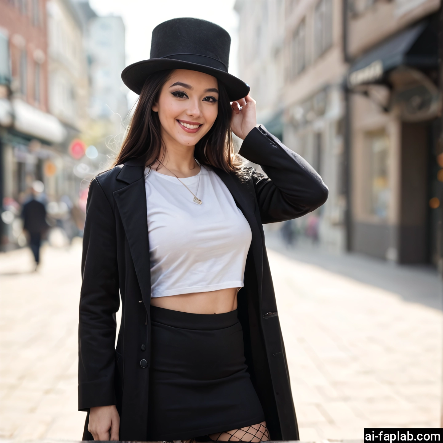 1girl, hat, skirt, fishnets, jewelry, fishnet legwear