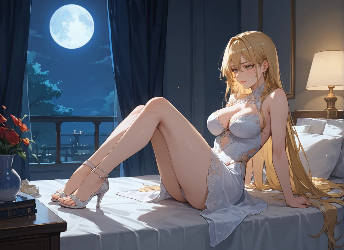 1girl, breasts, long hair, blonde hair, dress, moon · Yamete.gg