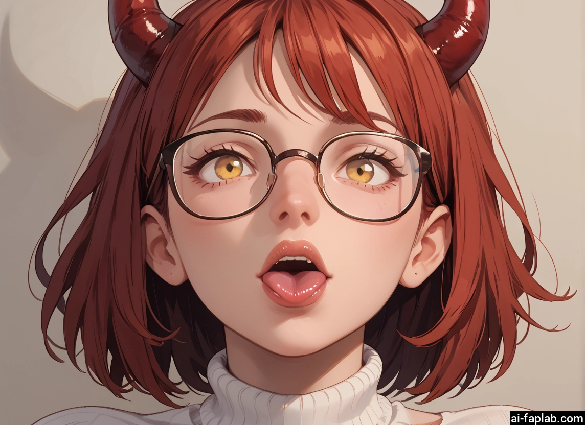 1girl, solo, glasses, horns, sweater, looking at viewer · Yamete.gg