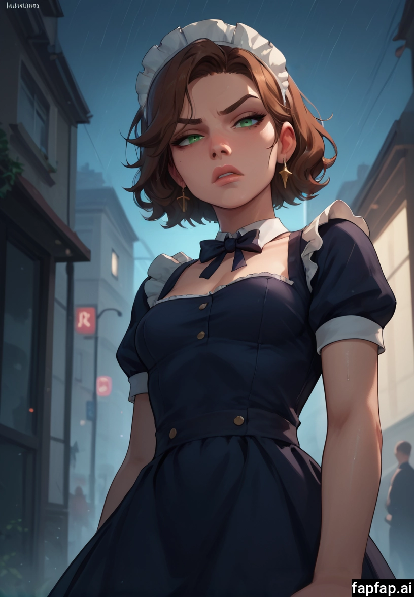 1girl, green eyes, maid headdress, brown hair, rain, earrings · Yamete.gg