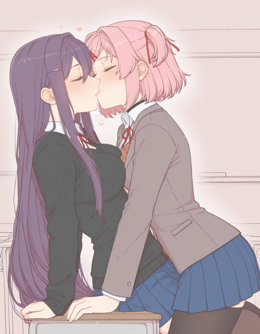 yuri, long hair, multiple girls, 2girls, pink hair, closed eyes · Yamete.gg
