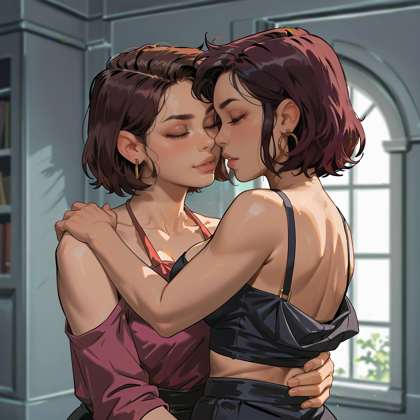 multiple girls, 2girls, jewelry, yuri, earrings, closed eyes · Yamete.gg