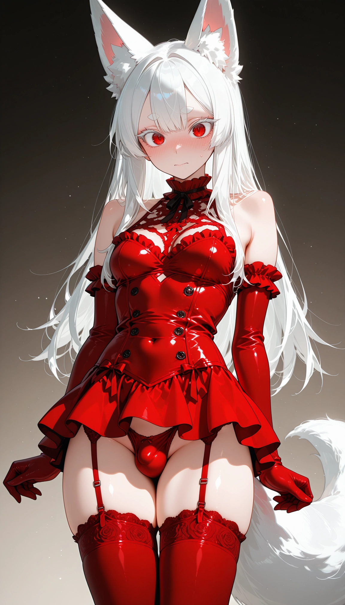 gloves, red thighhighs, red gloves, garter straps, animal ears, solo · Yamete.gg