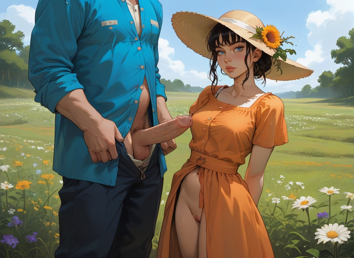 1girl, 1boy, outdoors, flower, penis, hat · Yamete.gg