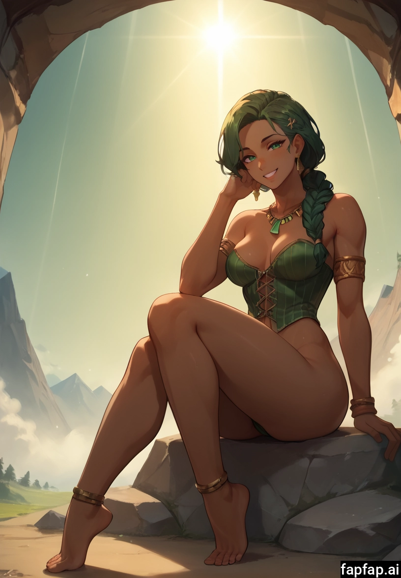 1girl, jewelry, barefoot, breasts, solo, green hair