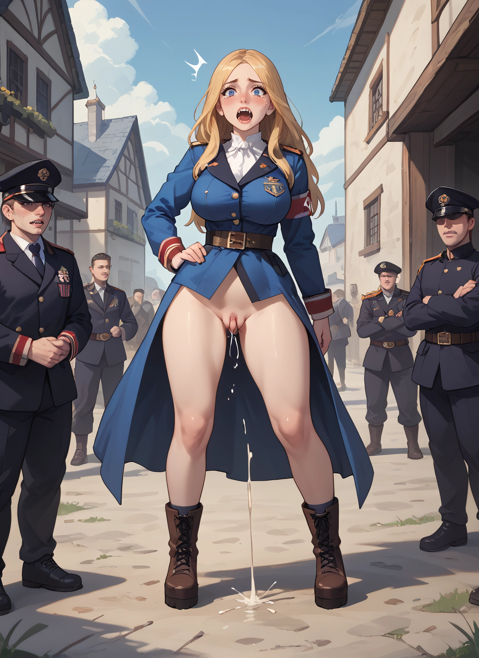 1girl, blonde hair, blue eyes, multiple boys, uniform, peeing · Yamete.gg