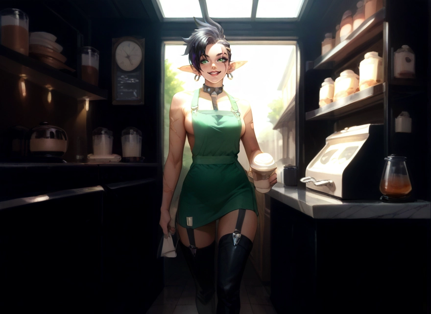 1girl, pointy ears, breasts, thighhighs, jewelry, earrings · Yamete.gg