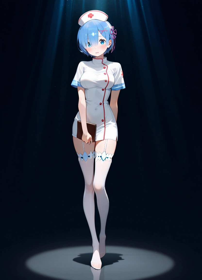 1girl, solo, nurse, x hair ornament, blue hair, hat · Yamete.gg