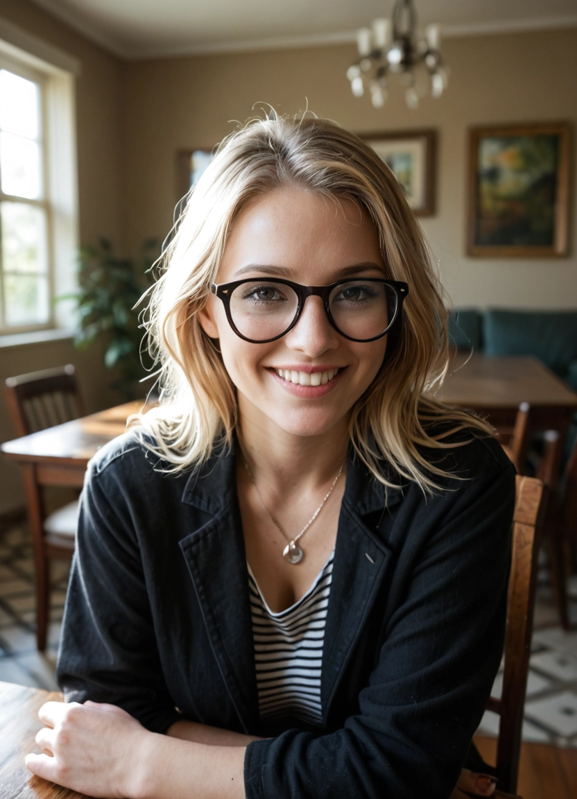 1girl, glasses, solo, jewelry, smile, necklace