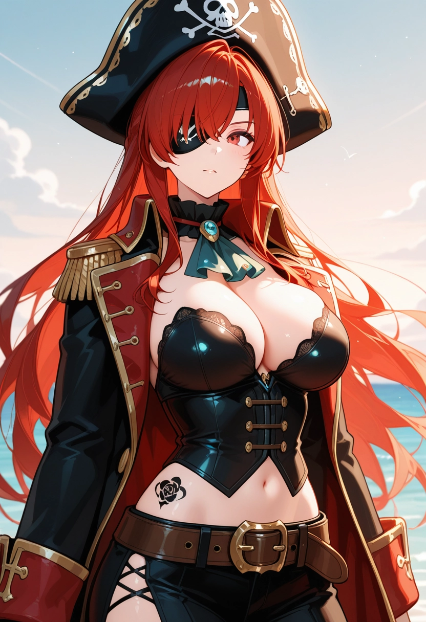 1girl, breasts, pirate hat, solo, long hair, red eyes · Yamete.gg