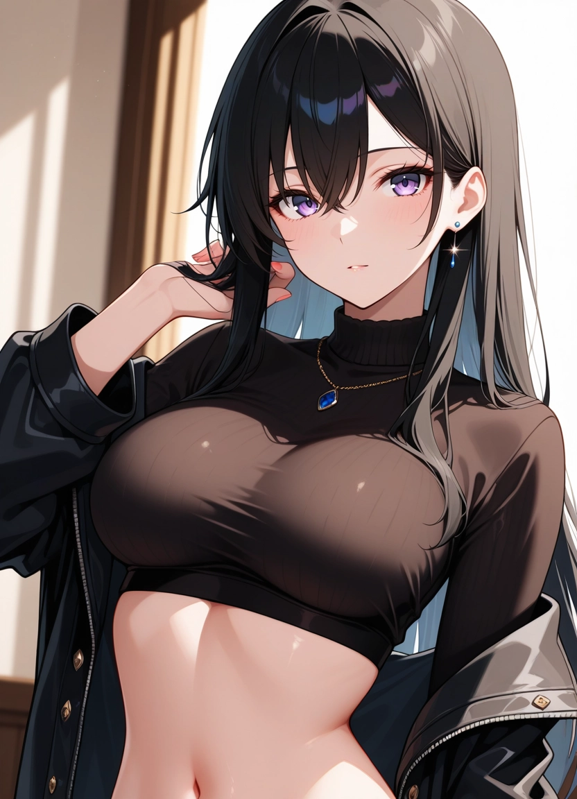 1girl, jewelry, solo, breasts, navel, jacket