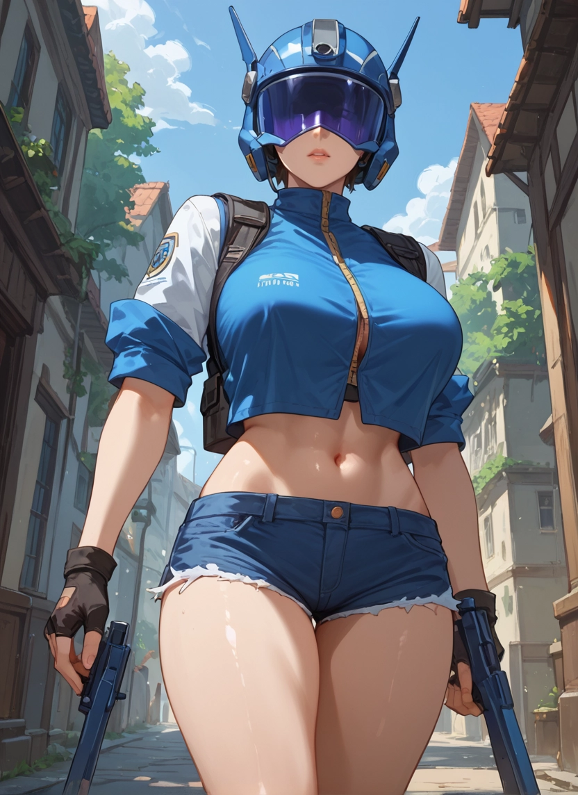1girl, weapon, shorts, gun, breasts, gloves · Yamete.gg