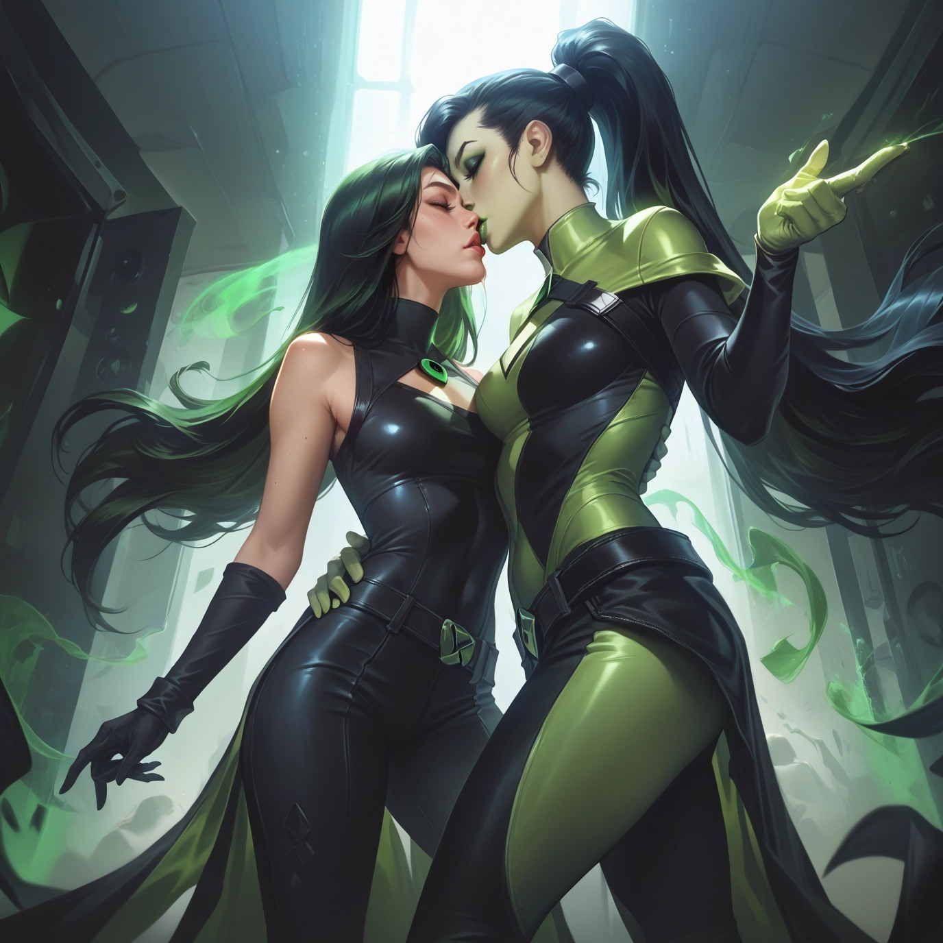 multiple girls, 2girls, green hair, yuri, long hair, gloves · Yamete.gg