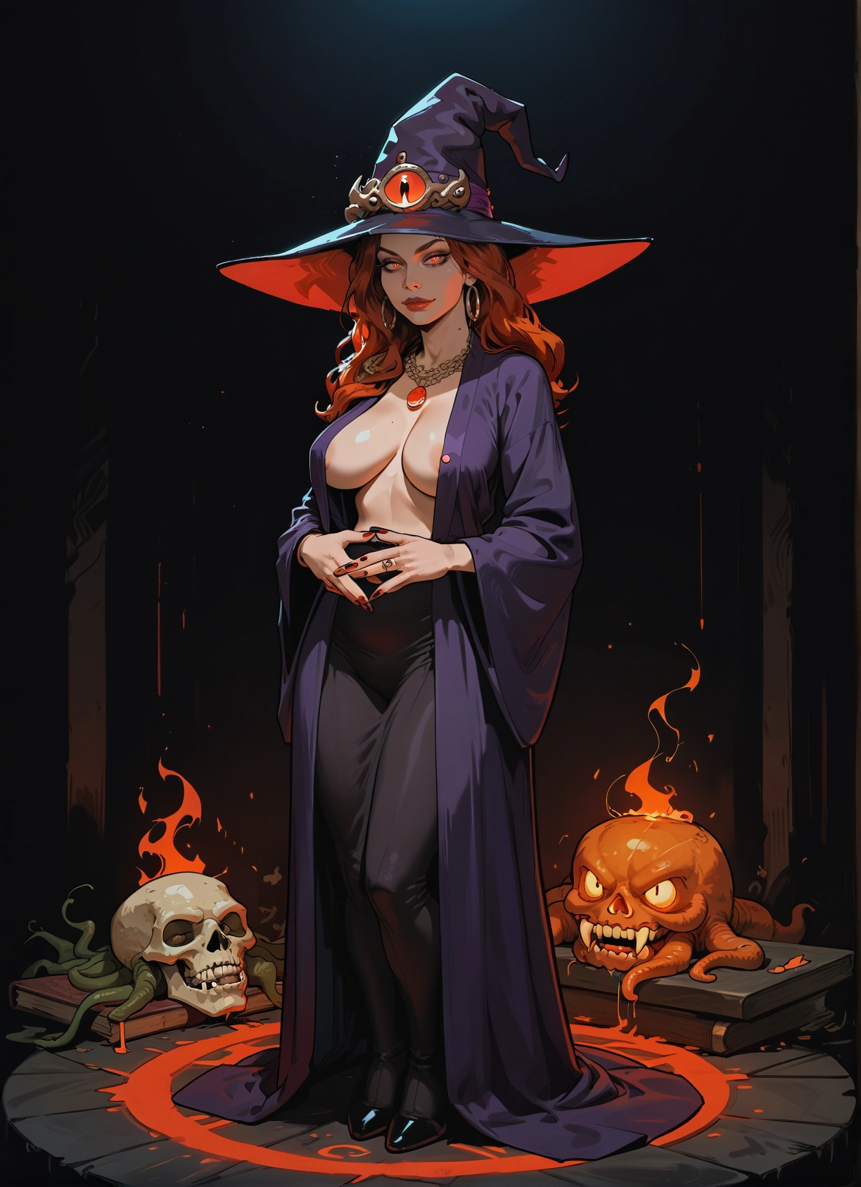 1girl, hat, breasts, witch hat, jewelry, earrings · Yamete.gg
