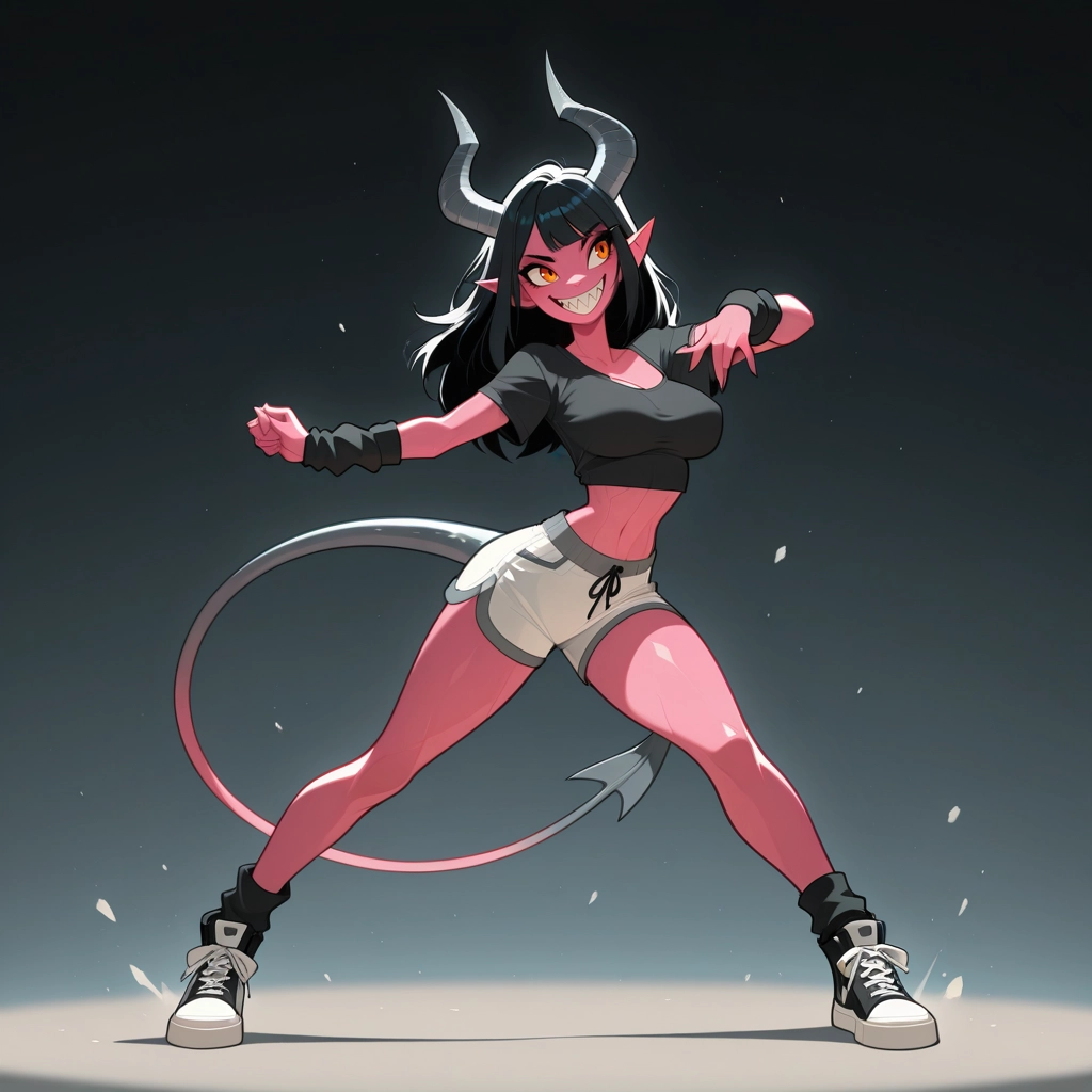 1girl, solo, horns, demon girl, colored sclera, tail · Yamete.gg