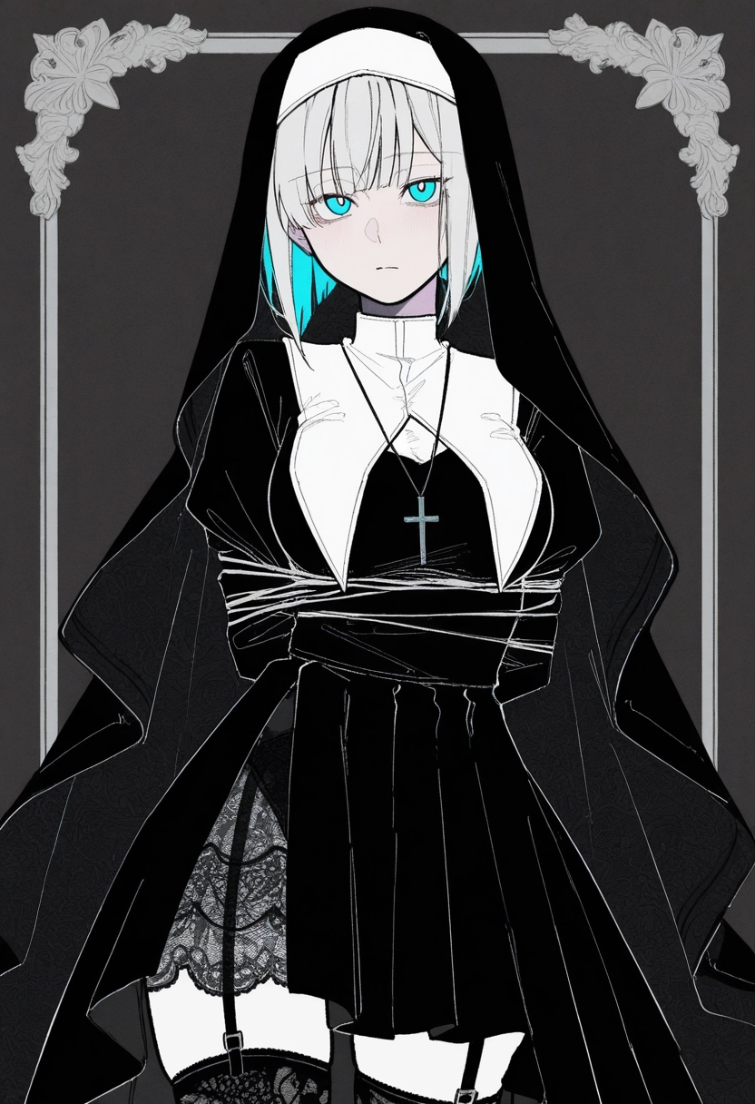 1girl, nun, solo, thighhighs, cross, looking at viewer