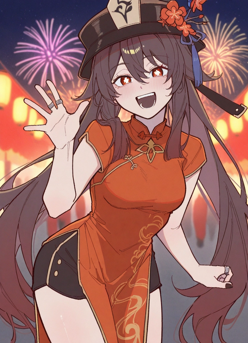 1girl, chinese clothes, open mouth, fireworks, jewelry, dress · Yamete.gg
