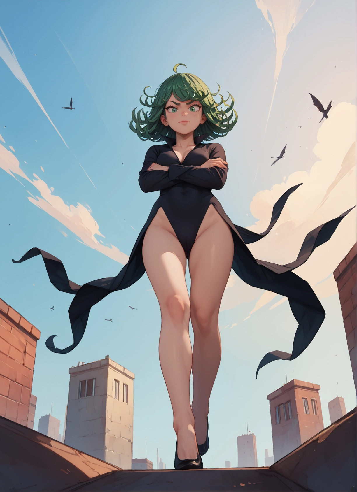 1girl, green eyes, dress, green hair, breasts, solo · Yamete.gg