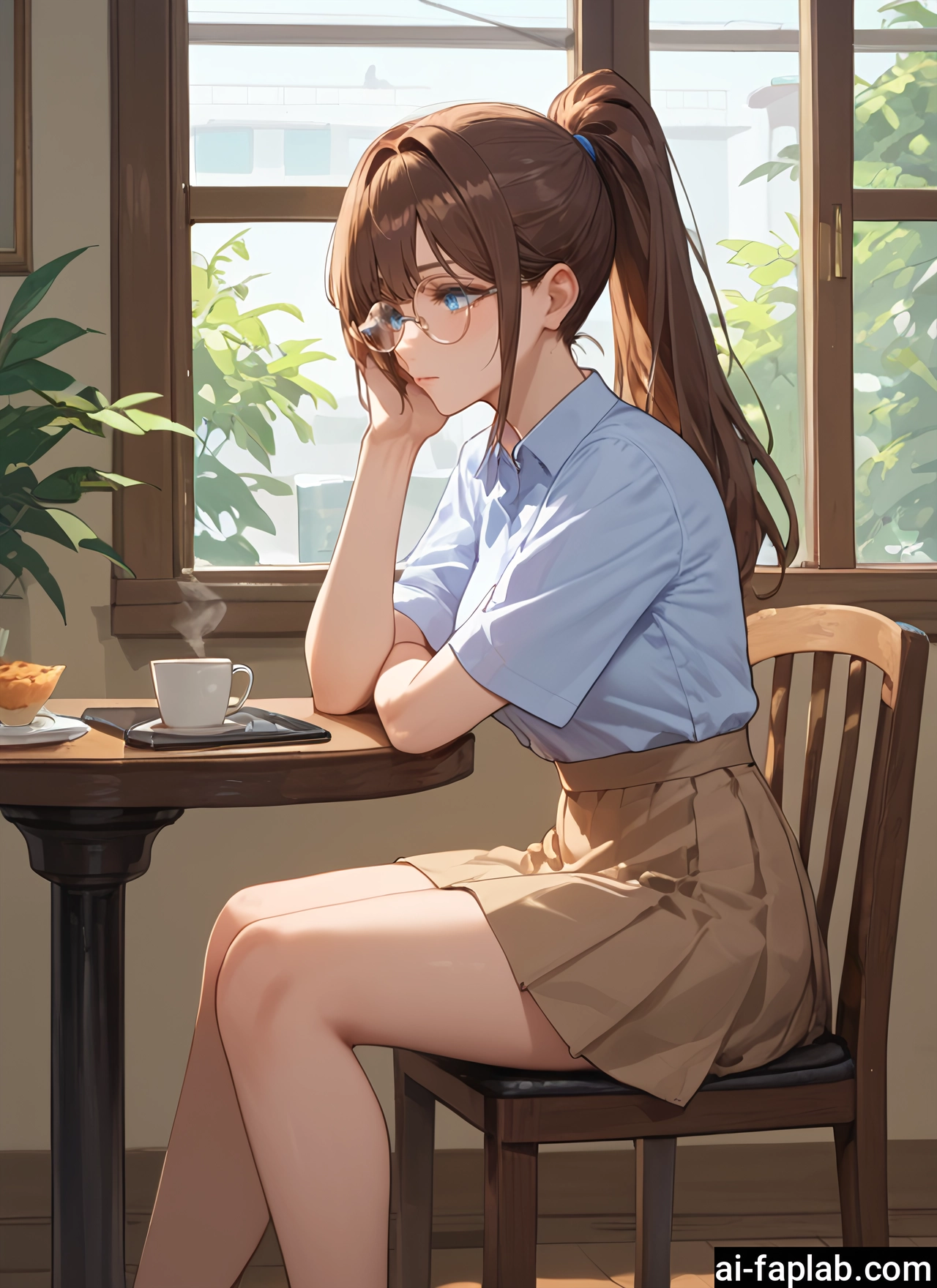 1girl, skirt, solo, brown hair, blue eyes, sitting