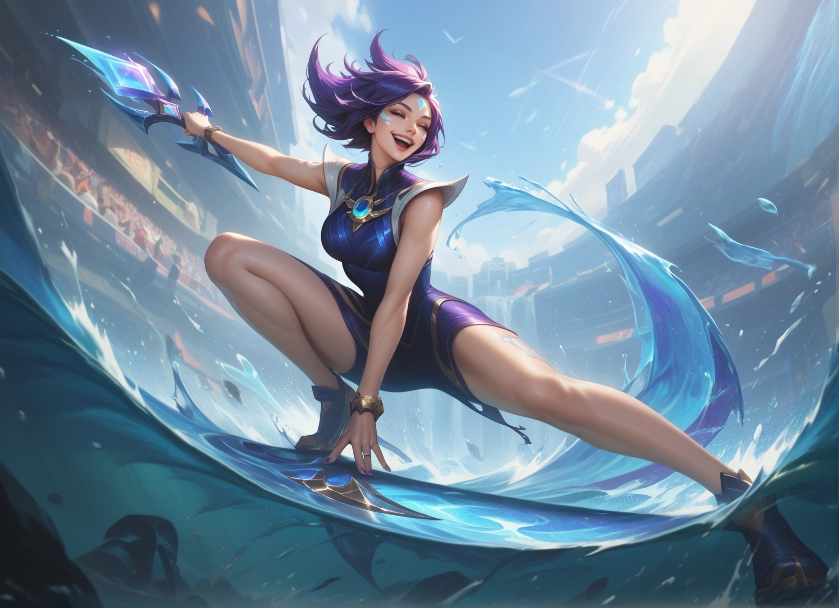 1girl, purple hair, closed eyes, open mouth, weapon, jewelry · Yamete.gg