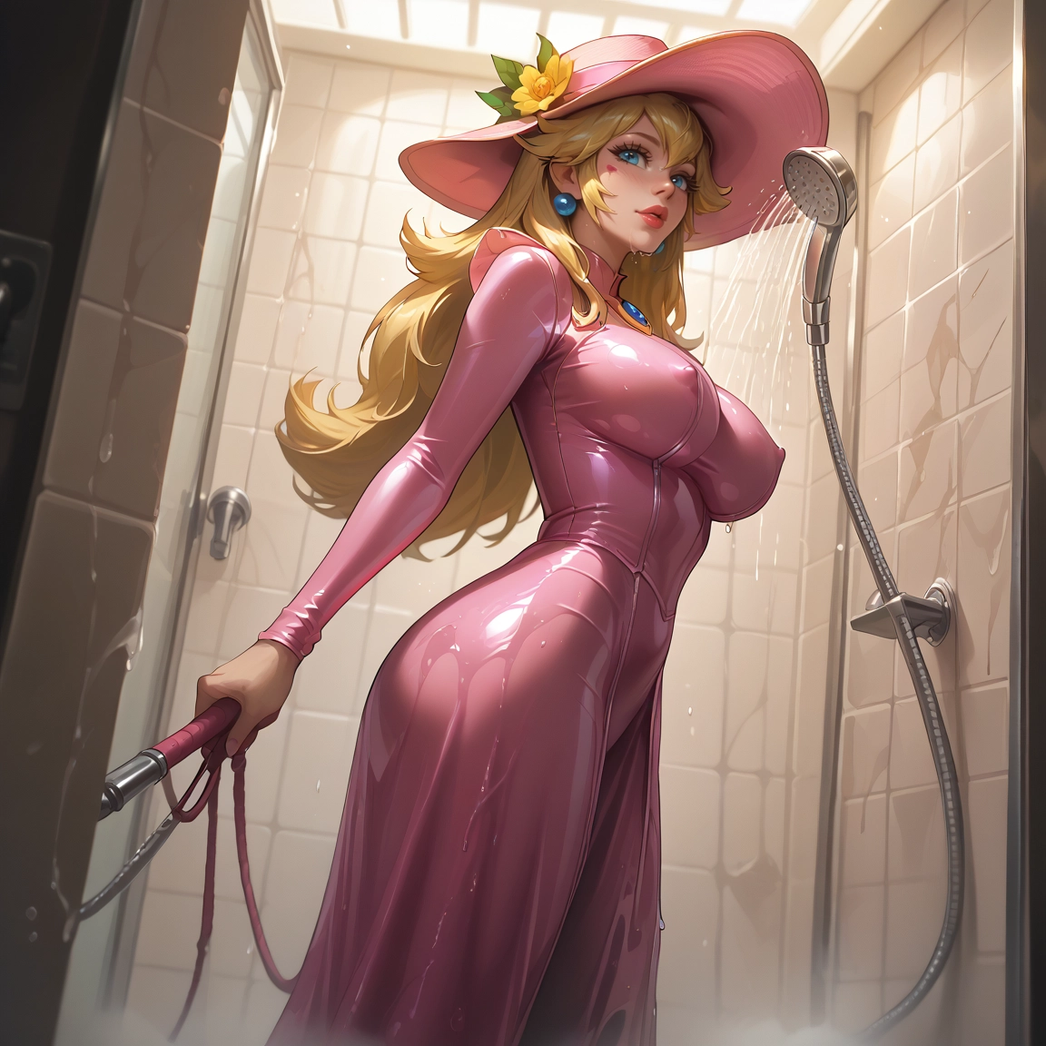 1girl, blonde hair, breasts, hat, long hair, solo