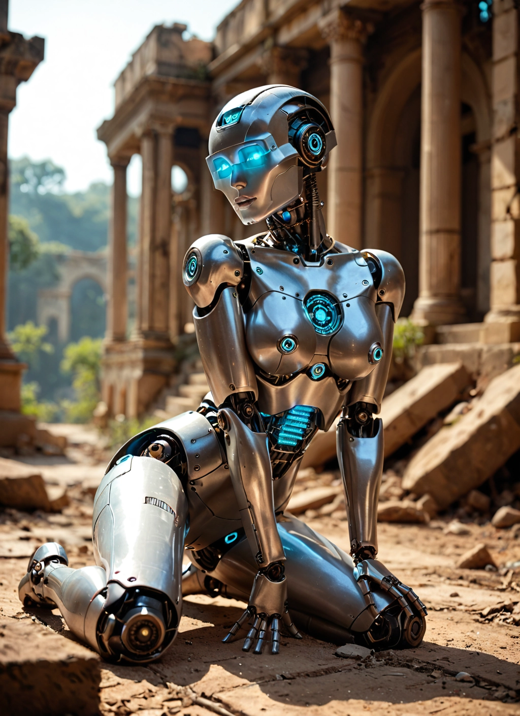1girl, solo, robot, ruins, joints, glowing · Yamete.gg