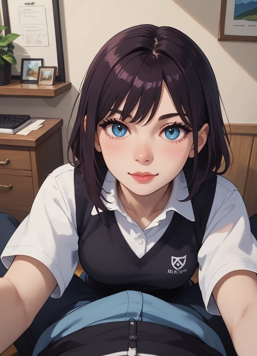 1girl, looking at viewer, pov, blue eyes, shirt, white shirt · Yamete.gg