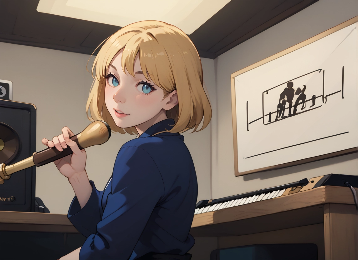 1girl, solo, blonde hair, blue eyes, instrument, looking at viewer · Yamete.gg