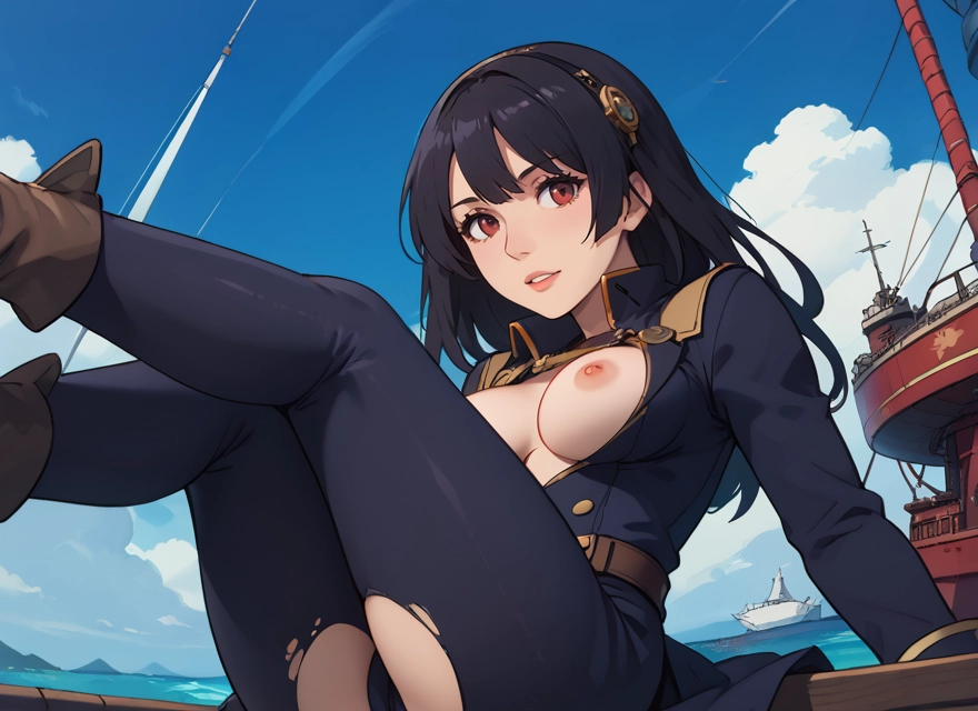1girl, breasts, nipples, solo, torn clothes, black hair · Yamete.gg