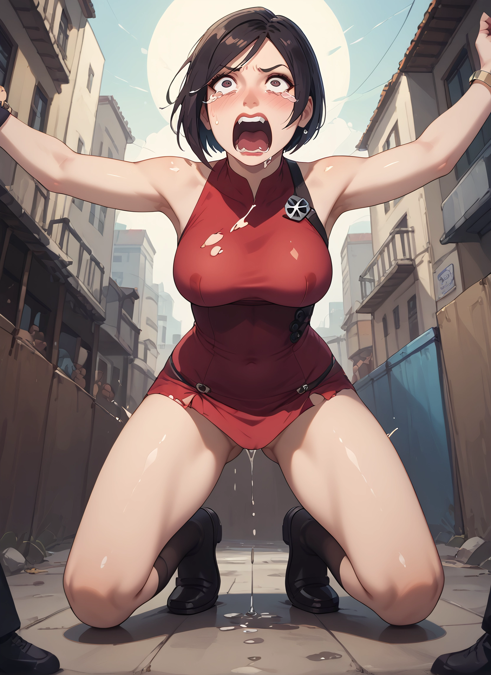 1girl, breasts, short hair, open mouth, covered nipples, tears · Yamete.gg