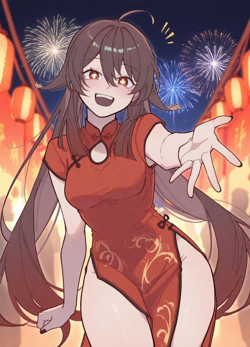 1girl, chinese clothes, dress, china dress, fireworks, open mouth · Yamete.gg
