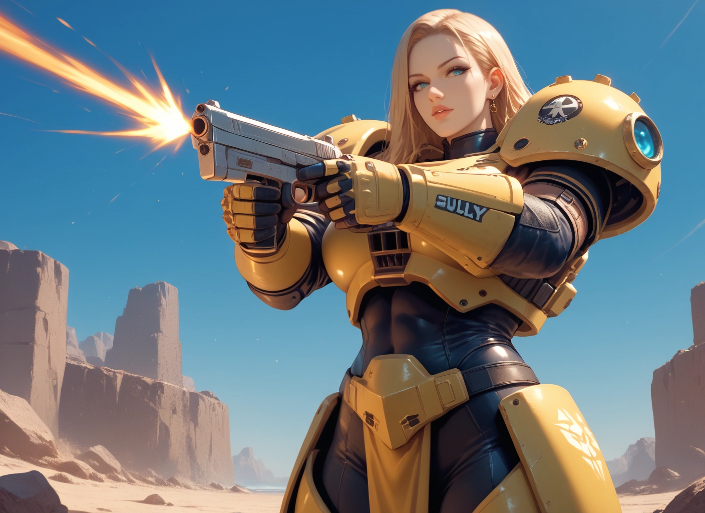 1girl, weapon, gun, blonde hair, solo, jewelry · Yamete.gg