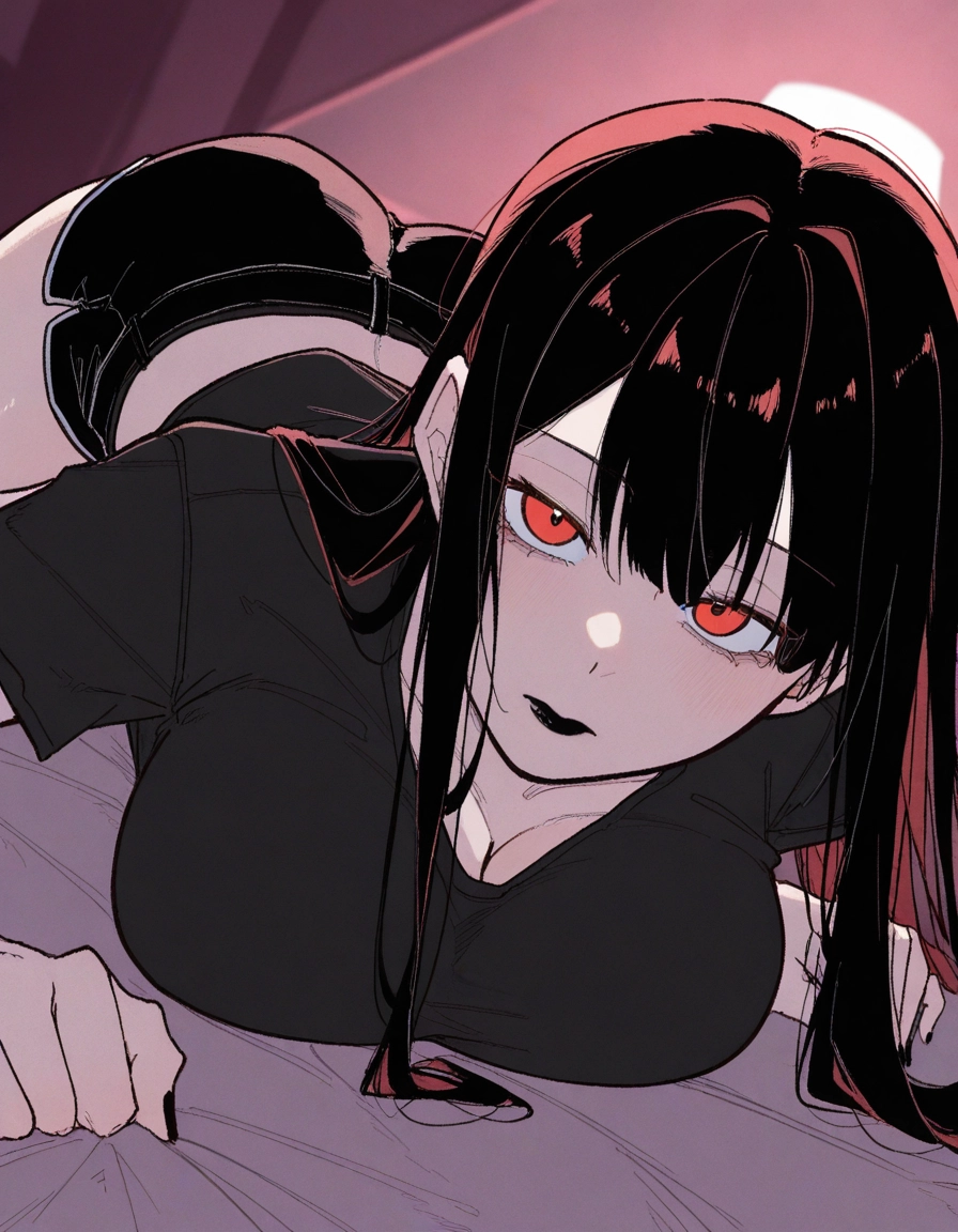 1girl, breasts, red eyes, shorts, large breasts, long hair · Yamete.gg