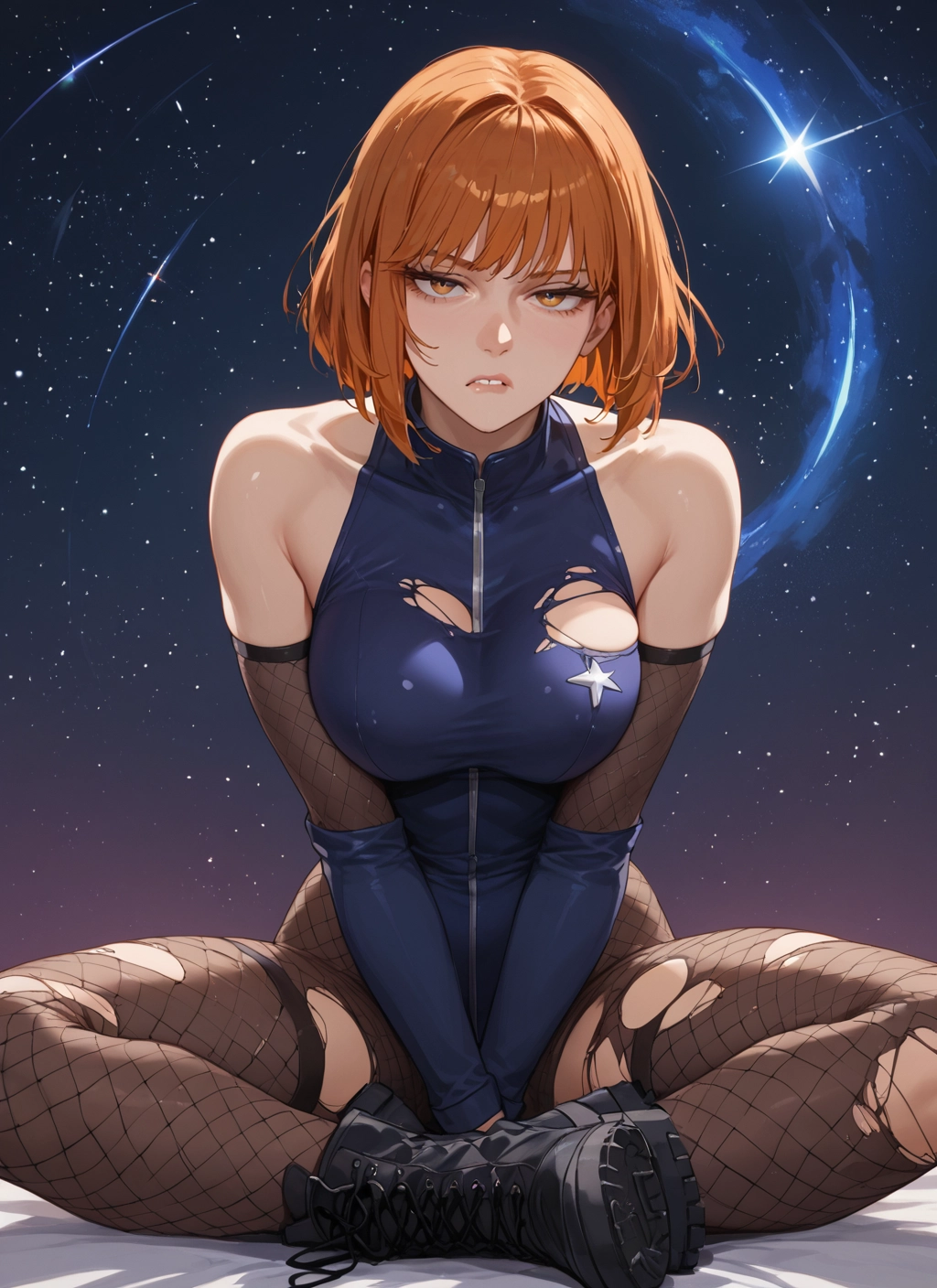 1girl, solo, breasts, torn clothes, looking at viewer, sitting · Yamete.gg