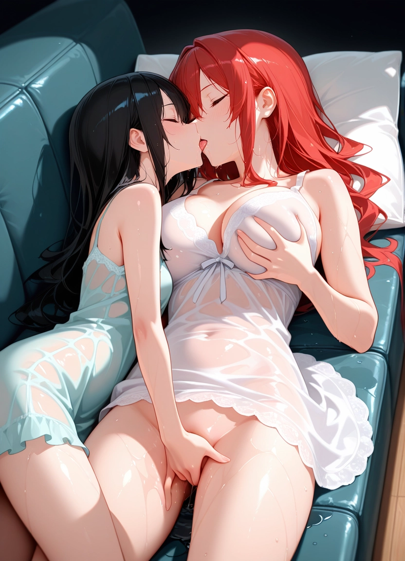 multiple girls, breasts, 2girls, yuri, kiss, closed eyes · Yamete.gg