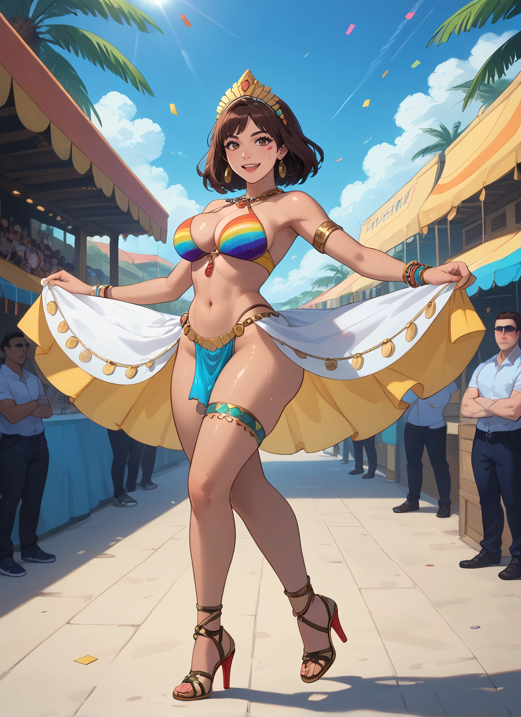 breasts, 1girl, brown hair, jewelry, navel, high heels · Yamete.gg