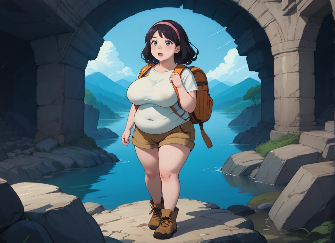 1girl, breasts, backpack, solo, bag, shorts