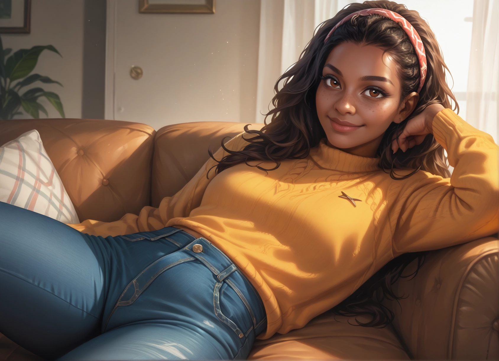 1girl, solo, pants, sweater, freckles, denim · Yamete.gg