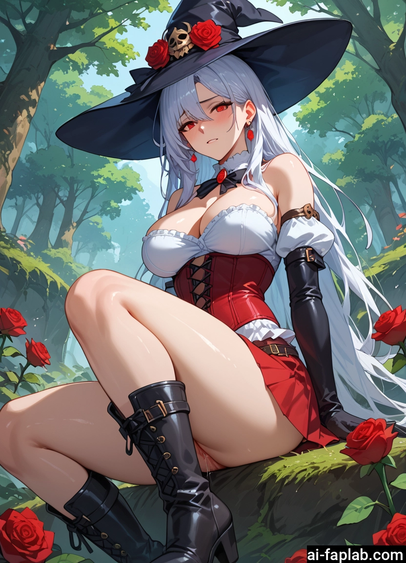 1girl, breasts, hat, long hair, red eyes, witch hat