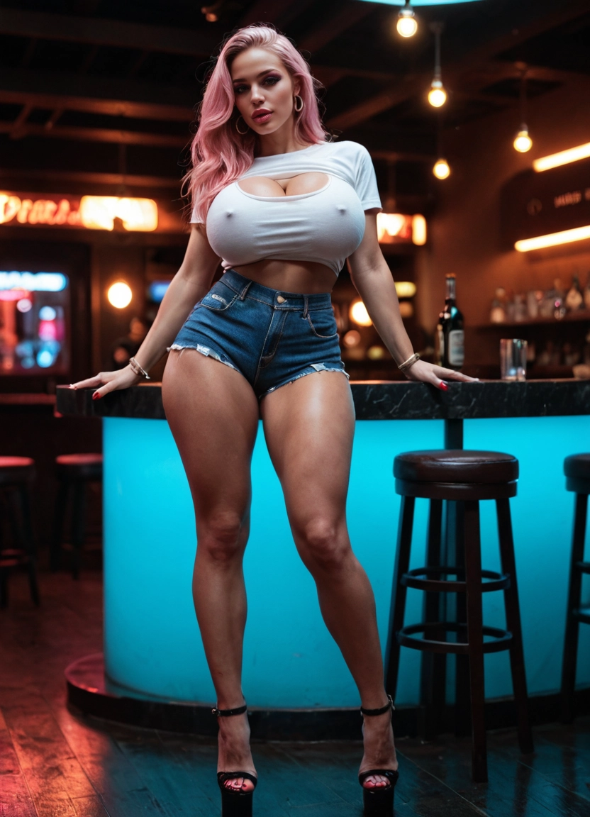 1girl, bar (place), jewelry, denim, earrings, breasts · Yamete.gg