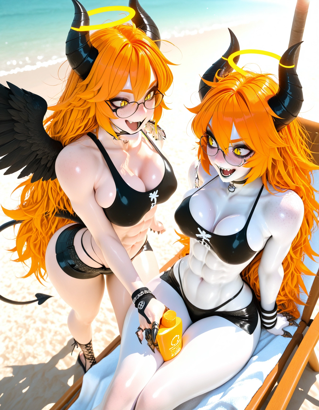 horns, multiple girls, 2girls, breasts, glasses, abs · Yamete.gg