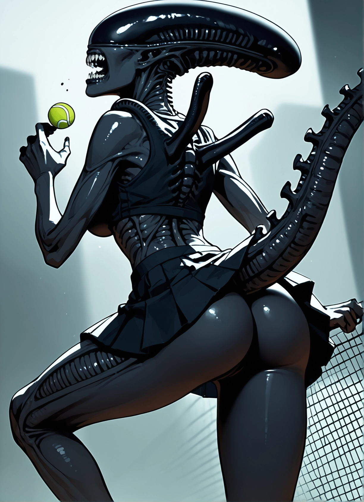 1girl, ass, tennis ball, skirt, ball, solo