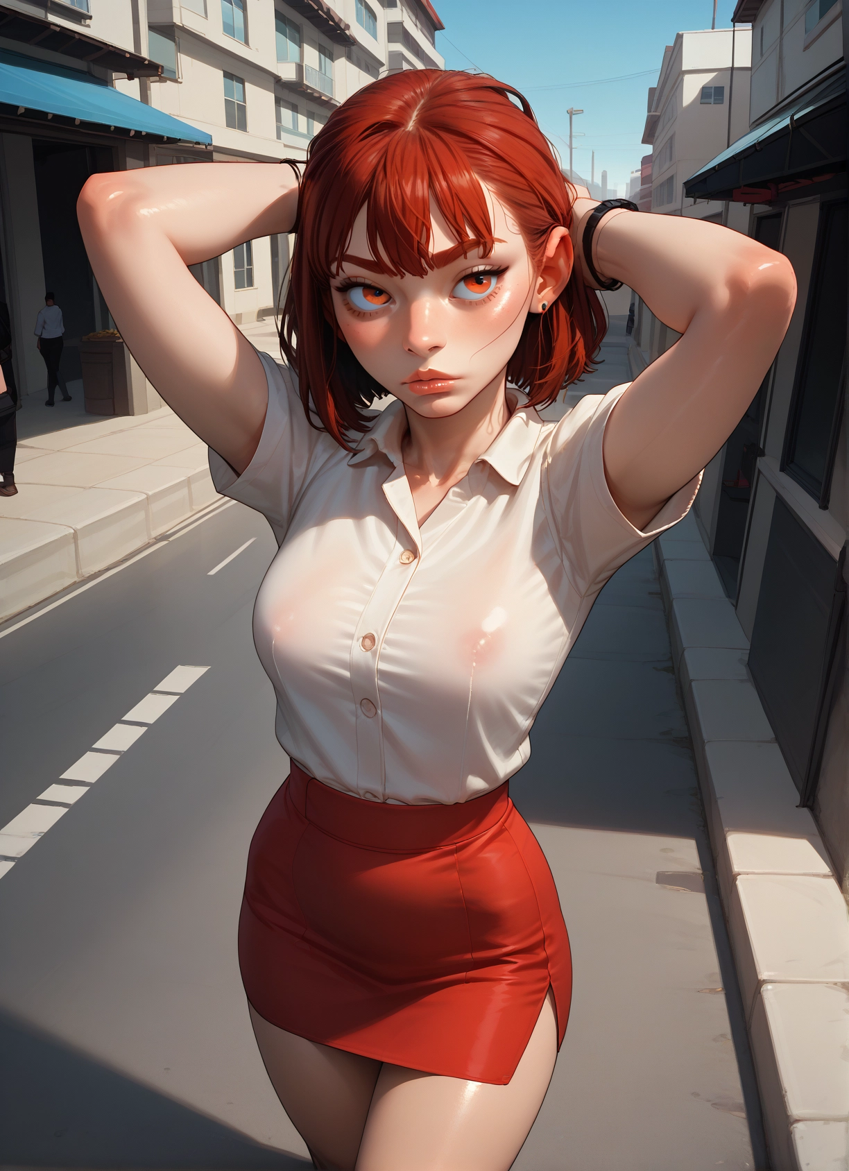 skirt, shirt, day, 1girl, breasts, looking at viewer · Yamete.gg