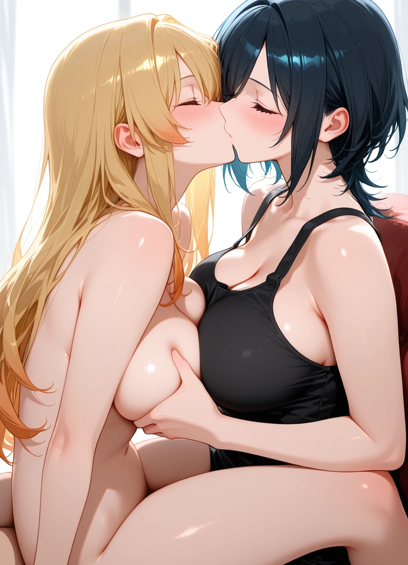 breasts, multiple girls, 2girls, yuri, kiss, closed eyes · Yamete.gg
