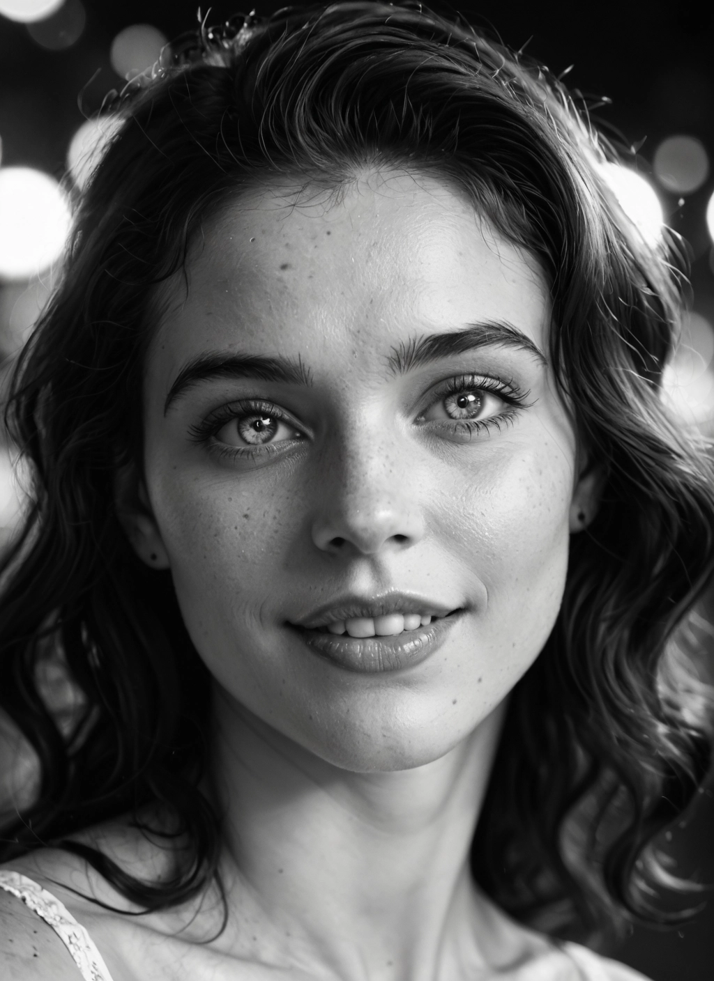 1girl, monochrome, greyscale, solo, realistic, smile · Yamete.gg
