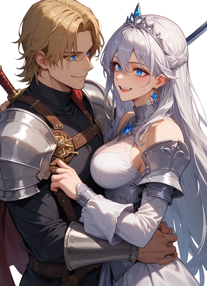1girl, 1boy, blue eyes, breasts, weapon, teeth · Yamete.gg